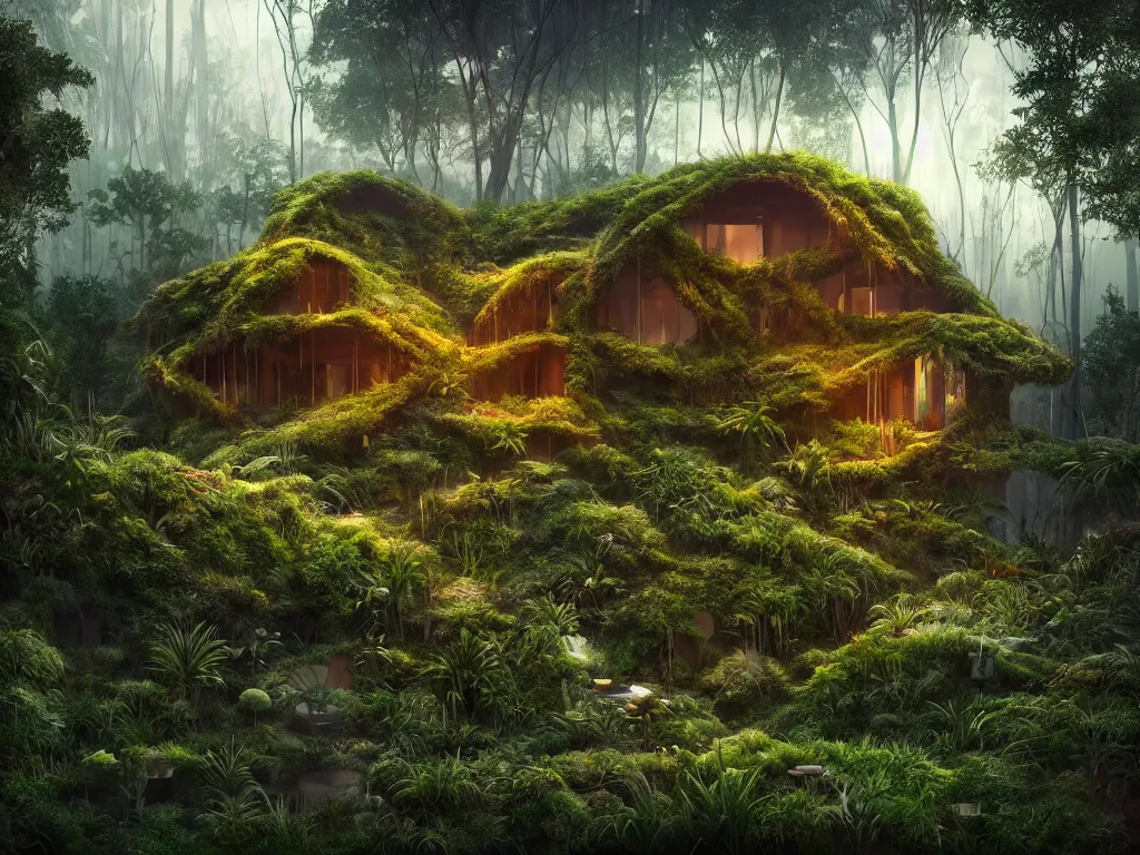 Image similar to beautiful organic house made from strange plants, in a forest, architectural render, futuresynth, chillwave, vegetal architecture, blender, sunrise, ((mist)), junglepunk, trending on artstation, by gal barkin