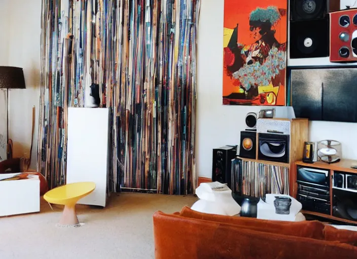 Prompt: retro futuristic apartment, massive 7 0 s hi fi system, record collection, funky furniture, modern art, wabi sabi