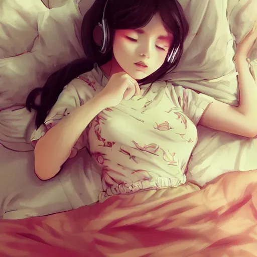 Image similar to lofi hiphop girl lying in bed listening to music by Wenqing Yan, WLOP, Zumidraws, OlchaS Logan cure liang Xing