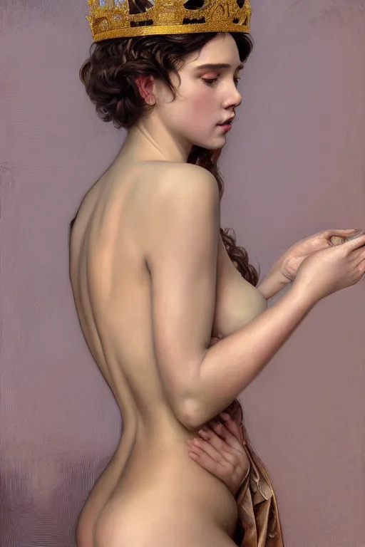 Image similar to body portrait of beautiful roman young pincess wearing a flowing silk robe, wearing a crown of laurel, full body portrait of a young beautiful woman swimming low angle by terry o'neill intricate, elegant, highly detailed, digital painting, artstation, concept art, smooth, sharp focus, illustration, art by artgerm and greg rutkowski and alphonse mucha, 8 k