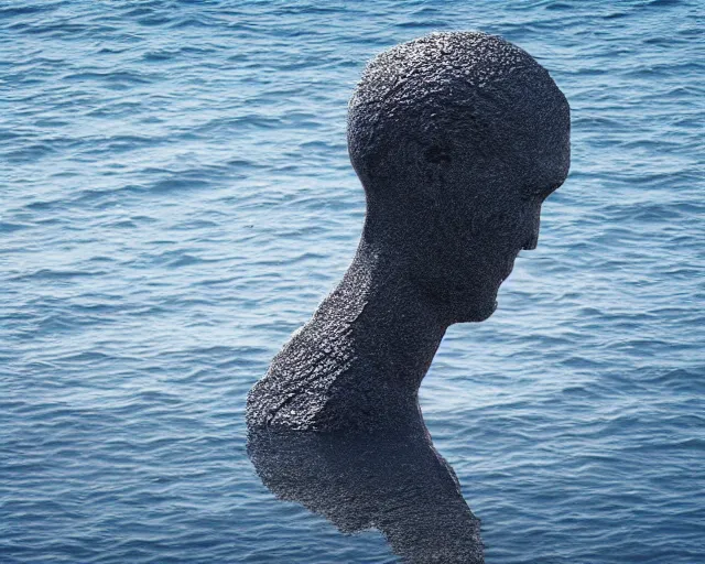 Image similar to a giant sculpture of an abstract human head on the surface of the ocean, hyper - realistic, very detailed, realistic water, ray tracing, 8 k resolution, long - shot, sharp focus, low angle, 8 5 mm photograph, wide lens