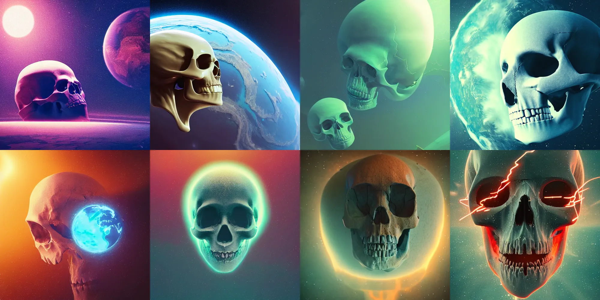 Image similar to earth screaming in the shape of a skull in space in the style of beeple and mike winkelmann, intricate, epic lighting, cinematic composition, hyper realistic, 8 k resolution, unreal engine 5,