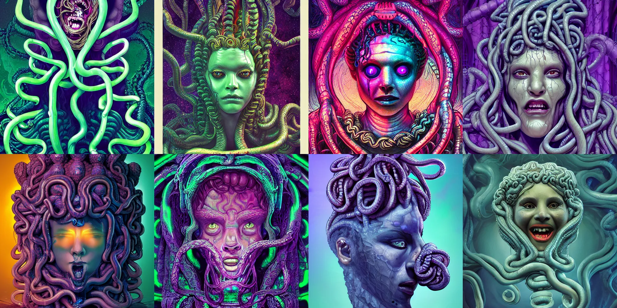 Prompt: beautiful medusa gorgon head, horror poster 9 0 s, cosmic horror, abstract, ghostly, arcade, duotone, poltergeist, lets get weird, intricate, elegant, highly detailed, artstation, smooth, sharp focus, unreal engine 5, raytracing, art by beeple and mike winkelmann, ultraviolet colors,