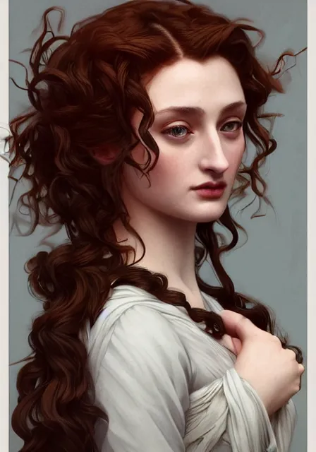 Prompt: sansa portrait in profile with a complex hairstyle with lots of curls, intricate, elegant, highly detailed, digital painting, artstation, concept art, smooth, sharp focus, illustration, art by artgerm and greg rutkowski and alphonse mucha and william - adolphe bouguereau