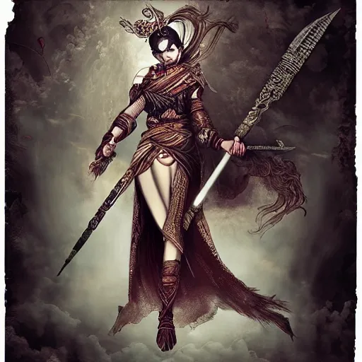 Image similar to Apsaras warrior with weapon,traditional Chinese textures, hyper detailed, by Brook Shaden