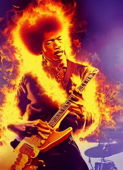 Prompt: jimi hendrix setting his guitar on fire on stage, photorealistic, 8 k resolution, octane render