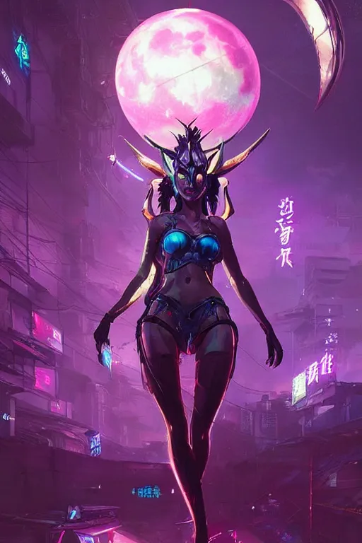 Image similar to diana from league of legends, cyberpunk futuristic neon. moon glowing in background, decorated with traditional japanese ornaments by ismail inceoglu dragan bibin hans thoma greg rutkowski alexandros pyromallis nekro rene maritte illustrated, perfect face, fine details, realistic shaded, fine - face, pretty face, masterpiece