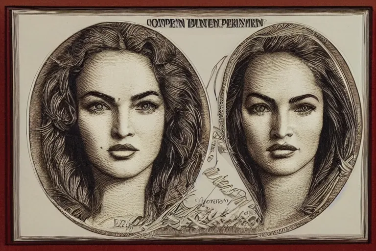 Image similar to An engraved portrait of Megan Fox , detailed!!! copper-plate engraving in the style of money bills, fine!!! lines, engraved by Alfred Sealey, Bureau of Engraving and Printing