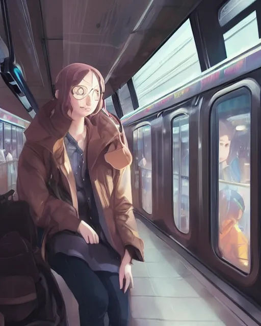 Image similar to a lonely girl riding the subway on her own, ambient lighting, full shot, detailed face, 3 d shading, by makoto shinkai, stanley artgerm lau, wlop, rossdraws