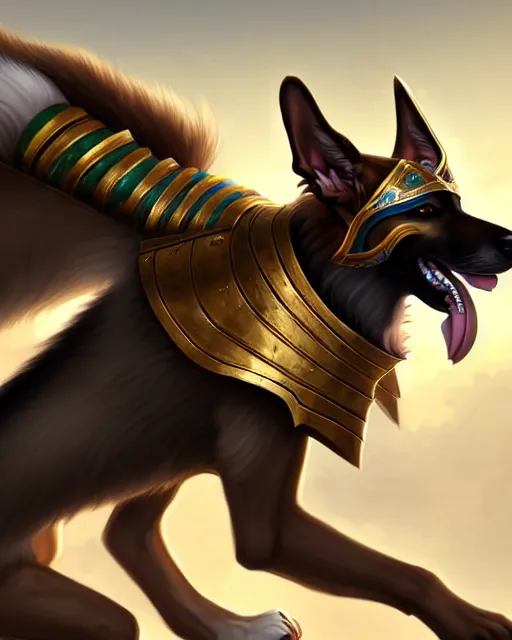 Prompt: nasus the armored egyptian anubis white and brown border collie warrior from videogame league of legends the armored egyptian collie warrior in action attacking with the face of a white and brown border collie, full body armor, highly detailed, artstation, cinematic character, by artgerm and greg rutkowski