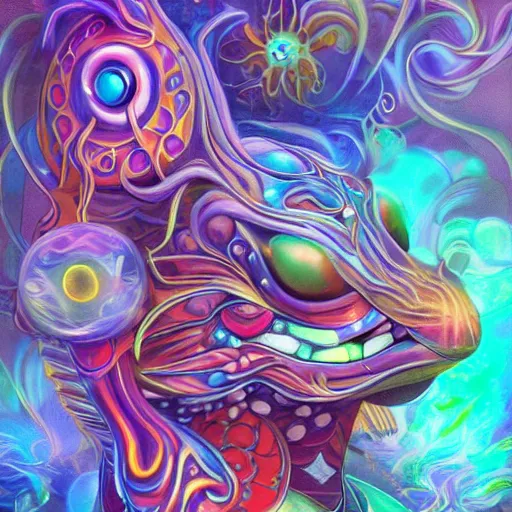 Image similar to An extremely psychedelic portrait of Pokemon, surreal, LSD, face, detailed, intricate, elegant, lithe, highly detailed, digital painting, artstation, concept art, smooth, sharp focus, illustration