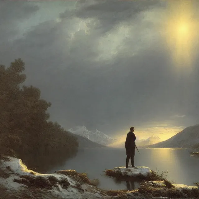 Prompt: A beautiful!!! painting of A man standing in a lake at night looking at the snow-capped mountains in the distance, beautiful!!!!! sky,Landscapes,Tyndall effect.hyper detailed,8K Resolution.In style of Greg Rutkowski, by gustav doré,oil on canvas