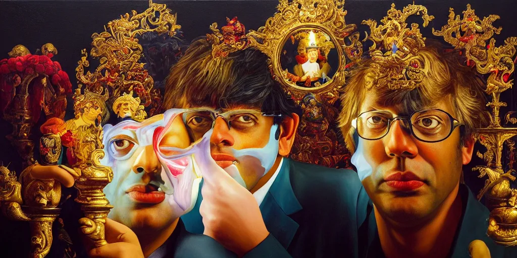 Image similar to rishi sunak and boris johnson in heaven, abstract oil painting by gottfried helnwein pablo amaringo raqib shaw zeiss lens sharp focus high contrast chiaroscuro gold complex intricate bejeweled