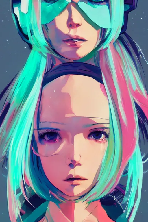 Prompt: poster woman with futuristic streetwear and hairstyle, colourful, model face, cute face, pretty face, 3/4 portrait, Galaxy eyes, beautiful, elegant, Anime by Kuvshinov Ilya, Cushart Krentz and Gilleard James, 4k, HDR, Trending on artstation, Behance, Pinterest, award winning