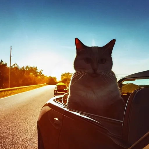 Image similar to convertible on road, cat homies chilling in convertible, paws on steering wheel, paw hanging out of window, golden hour, clear sky, unobstructed road