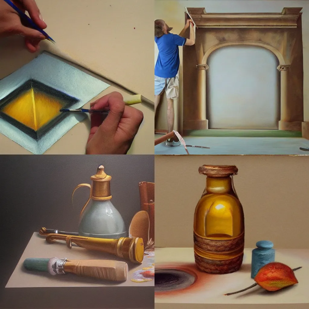 Prompt: trompe l\'oeil oil painting being painted with oil color by oil painter, as a 4D rendering