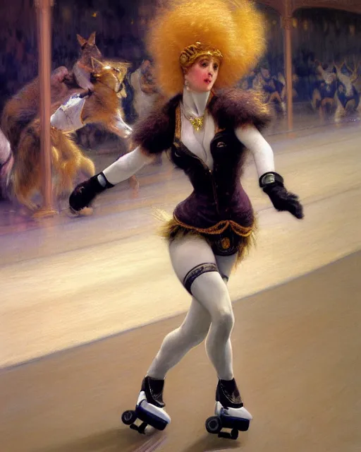 Image similar to white female anthro wolf skating at a roller derby, 4 k, furaffinity, trending on artstation, energetic, speed, motion blur, by gaston bussiere, craig mullins, j. c. leyendecker, gustav klimt, artgerm, greg rutkowski, alphonse mucha