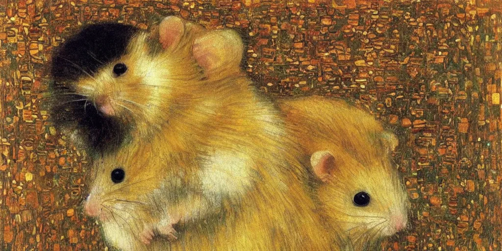 Prompt: a cute little hamster by klimt, gustav, art nouveau, symbolism, portrait