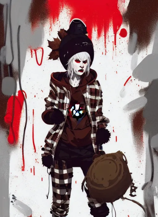 Prompt: highly detailed portrait of a sewer punk canadian lady, tartan hoody, white hair by atey ghailan, by greg rutkowski, by greg tocchini, by james gilleard, by joe fenton, by kaethe butcher, gradient red, brown, blonde cream and white color scheme, grunge aesthetic!!! ( ( graffiti tag wall background ) )