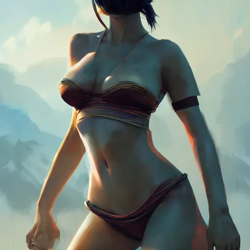 Image similar to kodak portra. by wlop, ilya kuvshinov, krenz cushart, greg rutkowski, trending on pixiv. zbrush sculpt, octane, maya, houdini, vfx. cute amazon woman wearing bikini armor. digital painting. cinematic dramatic atmosphere, sharp focus, volumetric lighting.