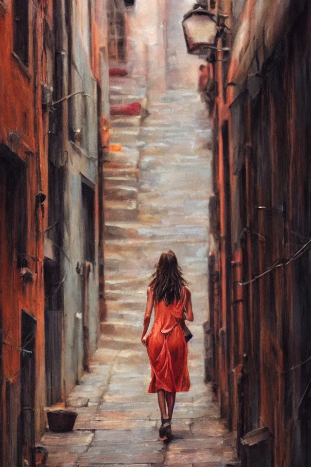 Image similar to a portrait of a beautiful girl walking down an alleyway, market setting, warm colors, soft lighting, atmospheric, cinematic, moody, in the style of diego koi, gina heyer, luiz escanuela, art by alyssa monk, hyperrealism, rule of thirds, oil on canvas, 8 k