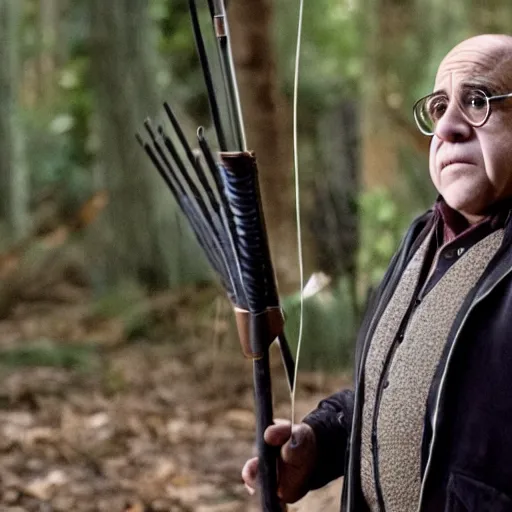 Prompt: movie still of Danny Devito as Katniss Everdeen in The Hunger Games