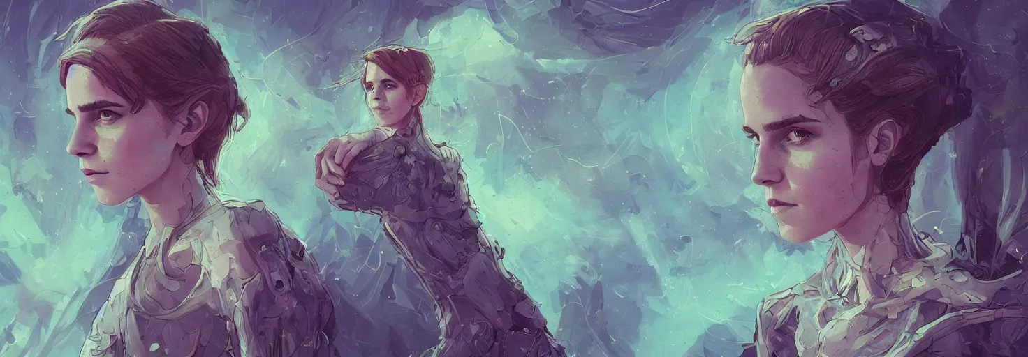 Image similar to surrealism art post grunge concept art, a study of an alien female Emma Watson, by josan gonzales and wlop, highly detailed, intricate, sci-fiish landscape, sharp focus, high detail, UHD, 4k, Trending on Artstation HQ, deviantart