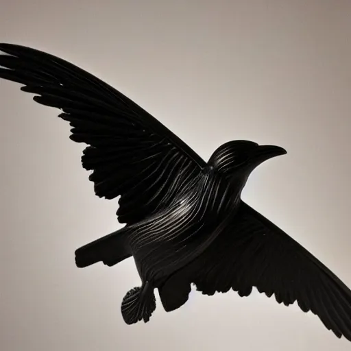 Prompt: a black and white highly detailed and realistic statue of a flying crow, museum lighting, award winning, masterpiece