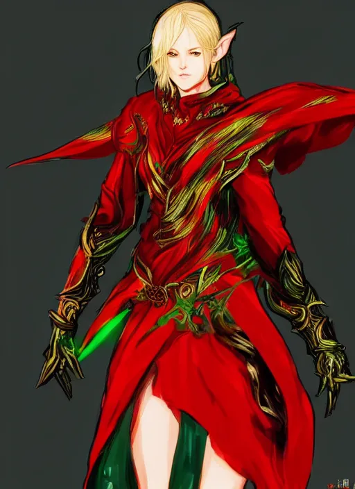 Image similar to Full body portrait of a beautiful young blonde short haired elven princess wearing red, green and gold priest robe. In style of Yoji Shinkawa and Hyung-tae Kim, trending on ArtStation, dark fantasy, great composition, concept art, highly detailed.