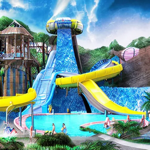 Image similar to moon colony waterpark with water slides, digital art, epic composition, highly detailed, cinematic lighting