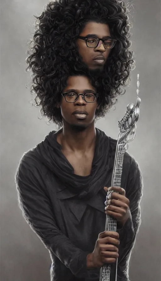 Prompt: a black man at 20's years old with long curly hair, wearing glasses, holding a silver electric guitar, with a dramatic looking, beautiful bone structure, intricate, elegant, highly detailed, digital painting, artstation, concept art, smooth, sharp focus, illustration, art by artgerm and greg rutkowski and alphonse mucha.