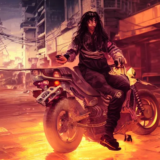 Image similar to portrait painting of a street samurai with long purple hair riding a motorcycle through a burning cyberpunk slum, glitchwave, ultra realistic, concept art, intricate details, eerie, highly detailed, photorealistic, octane render, 8 k, unreal engine. art by nivanh chanthara