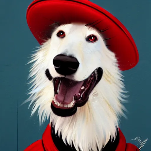 Image similar to Portrait painting of a Borzoi Dog using a communist red beret as an Overwatch character, medium shot, asymmetrical, profile picture, Organic Painting, sunny day, Matte Painting, bold shapes, hard edges, street art, trending on artstation, by Huang Guangjian and Gil Elvgren and Sachin Teng