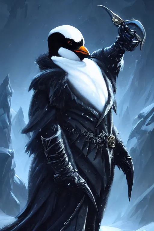 Prompt: anthropomorphic evil penguin wearing dark clothes, icy landscape, weapons, dnd, mystical, large portrait, character, fantasy, intricate, elegant, digital painting, artstation, concept art, smooth, 8 k frostbite 3 engine, ultra detailed, art by artgerm and greg rutkowski and magali villeneuve