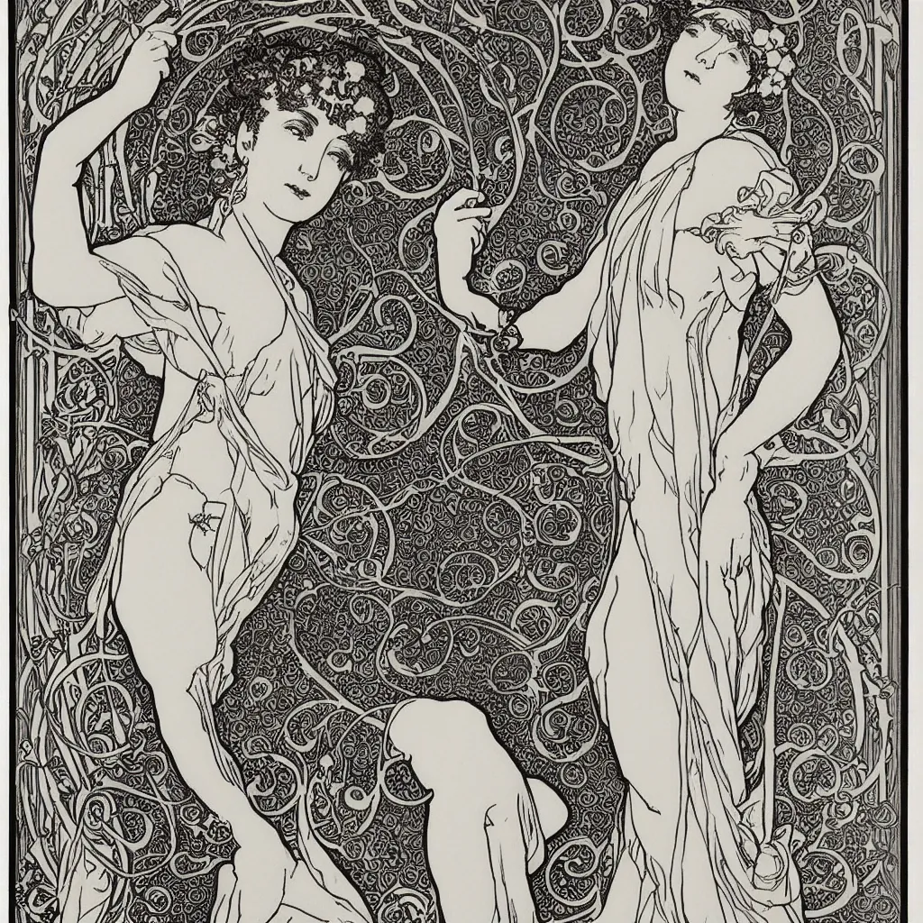 Image similar to a monochromatic art nouveau, engraving by Mucha, engraving by Beardsley