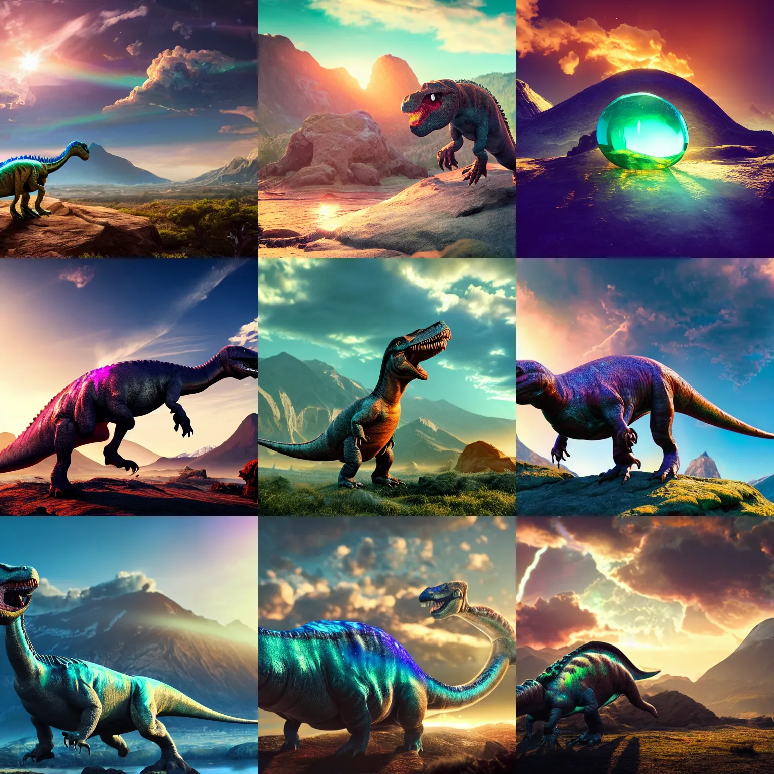 Prompt: a beautiful dinosaur fossil on a giant iridescent gem, outdoor with mountains on back, luminous clouds in the sky, rays of light, atmospheric, octane render, unreal engine, 8k, photo-realistic, dinosaur-fossil