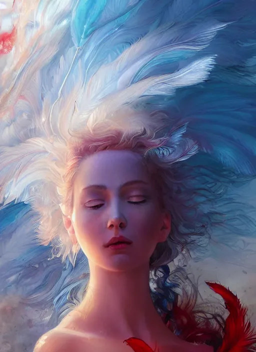 Prompt: a painting of a woman who made of curly and transparent feathers and cloud with red edges is holding a sword, a digital painting by charlie bowater, made of many translucent layers of blue feathers and cloud, metaphysical painting, speedpainting, digital painting, holographic undertones, highly saturated colors, 4 k, digital art, concept art, trending on artstation