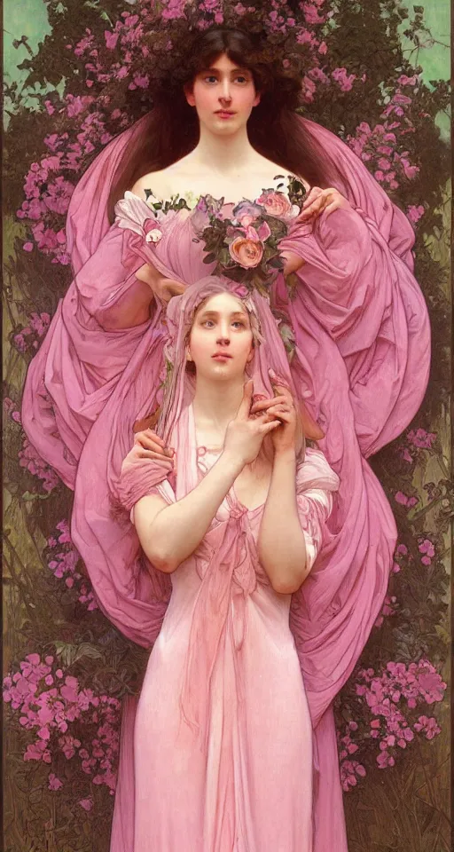 Prompt: beautiful girl in an pink wedding dress, symmetrical full body portrait by Donato Giancola, Alphonse Mucha, Artgerm and William Bouguereau, digital art, fine art with subtle redshift rendering