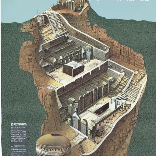 Image similar to diagram illustration of osama bin ladens mountain fortress, cutaway, underground, from time magazine 2 0 0 2