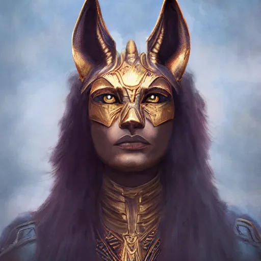 Image similar to Majestic gracious Anubis female warrior portrait, atmospheric lighting, painted, intricate, volumetric lighting, beautiful, rich deep colors masterpiece, golden hour, sharp focus, ultra detailed, by Leesha Hannigan, Ross Tran, Thierry Doizon, Kai Carpenter, Ignacio Fernández Ríos