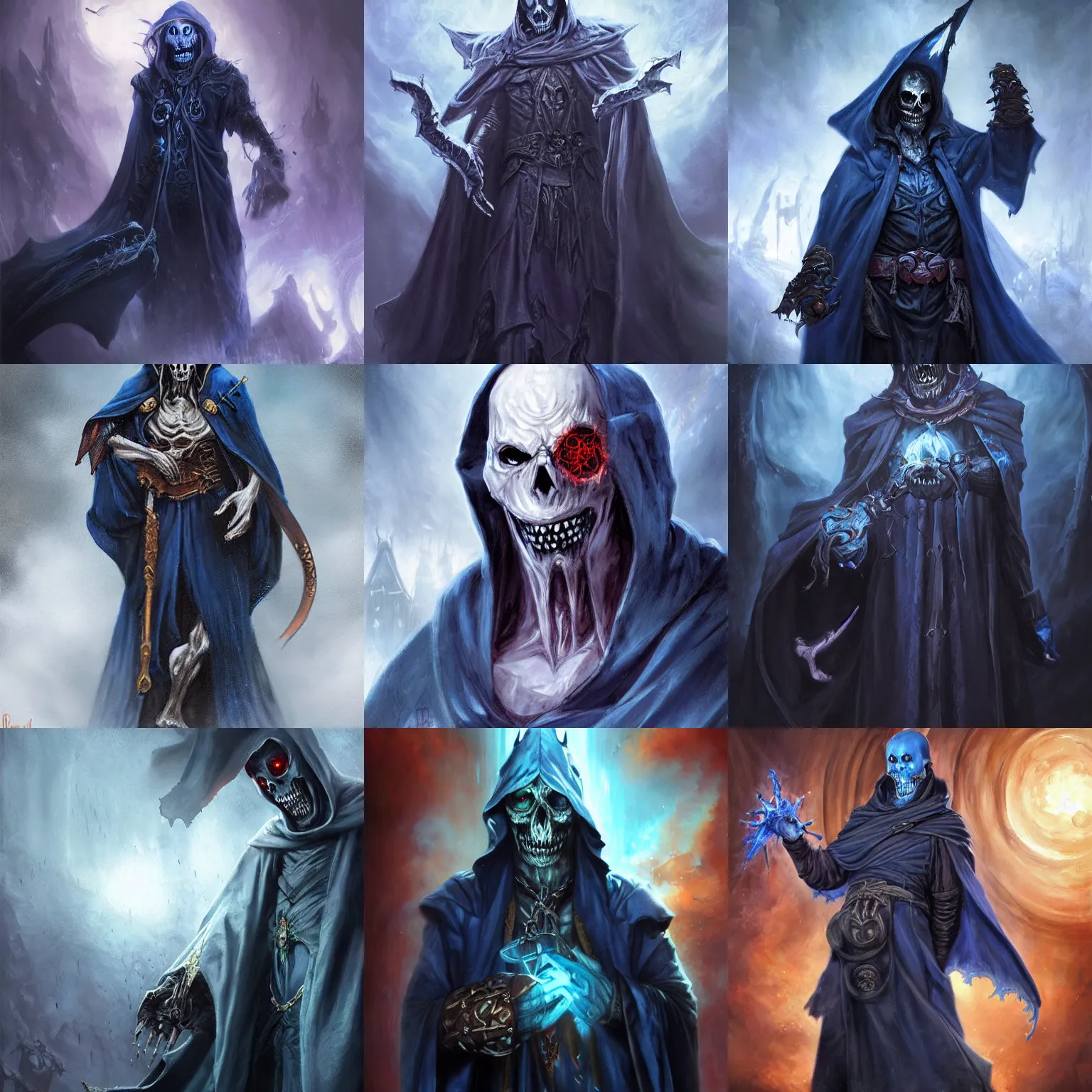 Prompt: undead lich with missing limb (left hand) and missing left eye, dressed in dark blue robes, fantasy, epic, portrait painted by raymond swanland