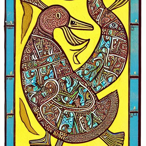 Prompt: book of kells, illustration of a duck, dye on calfskin