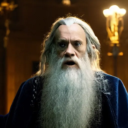 Image similar to william dafoe as dumbledore, film still, cinematic lighting