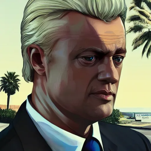 Prompt: Geert Wilders in GTA V, cover art by Stephen Bliss, artstation, no text