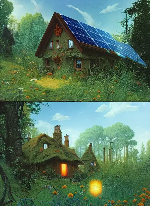 Image similar to hyper realistic witch cottage with solar panels with happy lighting and technology in the woods gorgeous lighting, sunbeams blue sky, lush forest foliage painting by zdzisław beksinski and norman rockwell and greg rutkowski weta studio, and lucasfilm