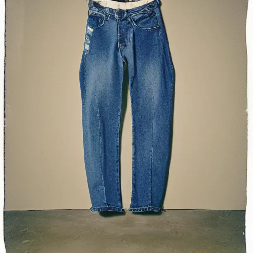 Prompt: realistic! photo of a balenciaga jeans, color film photography, 35mm