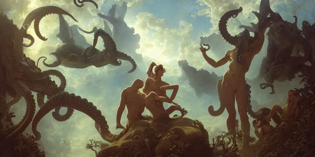 Image similar to Fantasy fairytale story, Great Leviathan Turtle, cephalopod, Cthulhu Squid, Mysterious Island, center Universe, accompany hybrid, Mystical, Anubis Warrior Boy, Reptilian Cyborg, Atlantean, intense fantasy atmospheric lighting, hyperrealistic, William-Adolphe Bouguereau, François Boucher, Jessica Rossier, Michael Cheval, michael whelan, Cozy, hot springs hidden Cave, Forest, candlelight, natural light, lush plants and flowers, Spectacular Mountains, bright clouds, luminous stellar sky, outer worlds, Golden dapple lighting, Solar Flare Unreal Engine, HD,