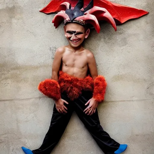 Prompt: The street art features a young boy disguised as a dragon. The boy is shown wearing a costume with dragon-like features, including a long tail, wings, and horns. He has a large grin on his face, suggesting that he is enjoying his disguise. by Scarlett Hooft Graafland robust