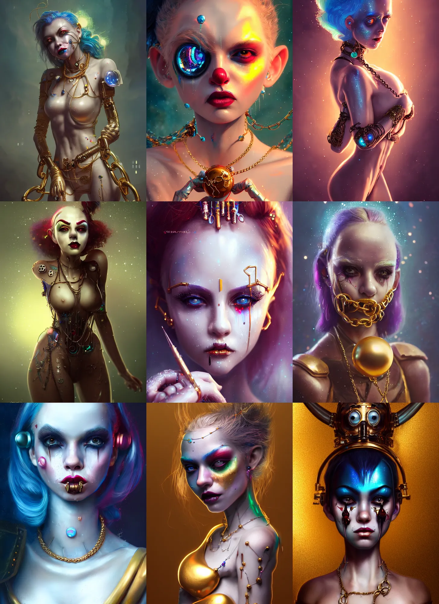 Prompt: disney 8 k photo, stunning shiny sweaty porcelain rich grand iridescent emo edc chained clowncore cyborg college woman, piercings, golden ratio details, sci fi, fantasy, cyberpunk, intricate, decadent, highly detailed, digital painting, octane render, artstation, concept art, smooth, sharp focus, illustration, art by loish, wlop