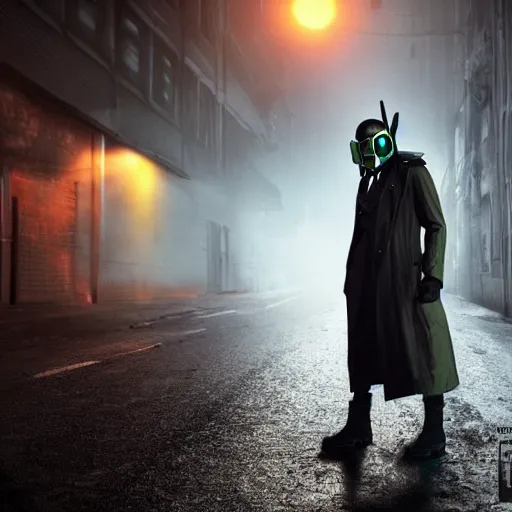 Prompt: hooden villain wearing a kamen rider gas mask, smoke coming out of his body and coat, dark background, in a dark alley, unreal engine 5, ultra realistic, detailed, fog, volumetric lighting, by greg rutkowski,